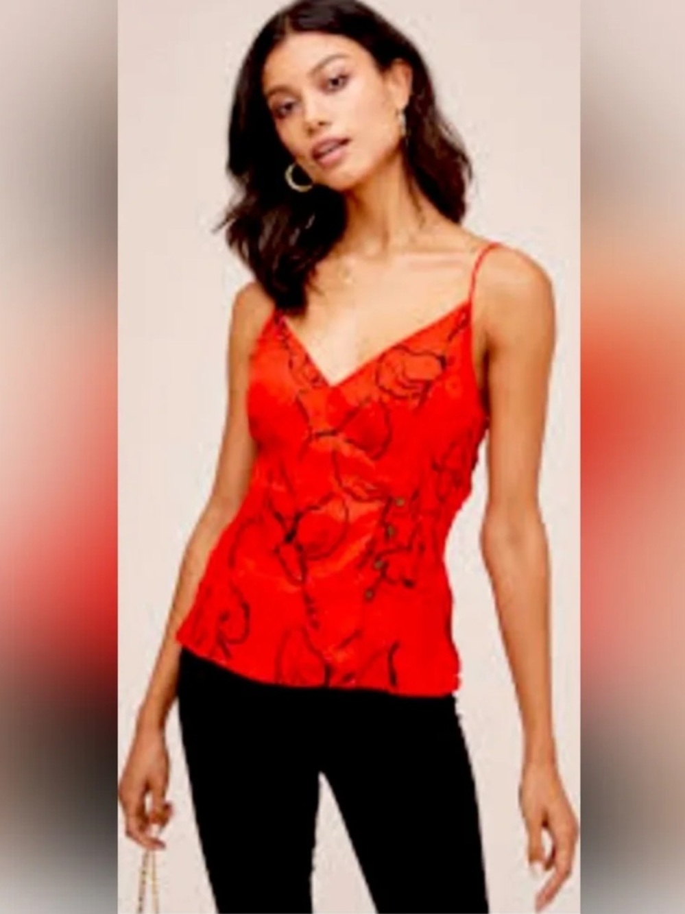 Astr Red Floral Satin Cami with Black Print